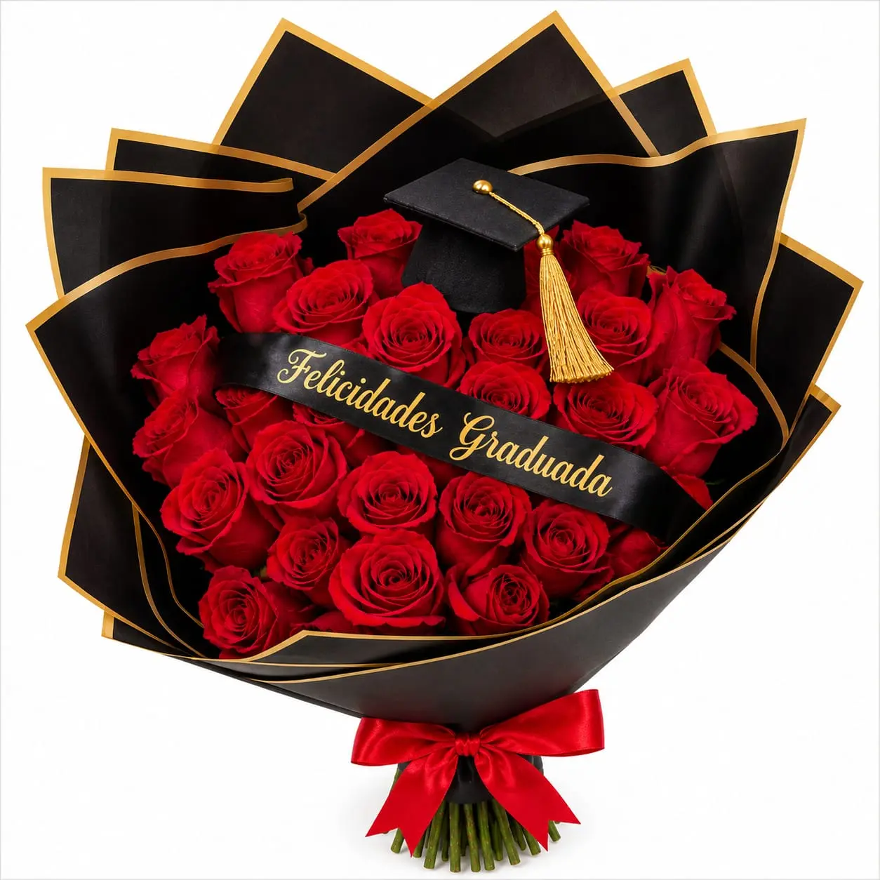 ramo buchón de graduación con rosas rojas para felicitar al graduado con delivery de flores en Lima